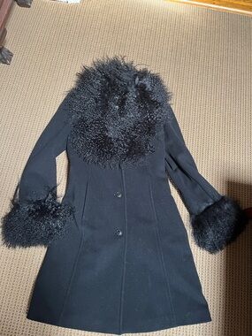 Marvin Richards Black Wool Elegant Coat with Curly Real Fur Collar & Cuffs NWOT